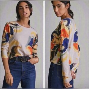 Anthropologie Cropped Long Sleeve Abstract Colorful T Shirt Womens S Cotton Top